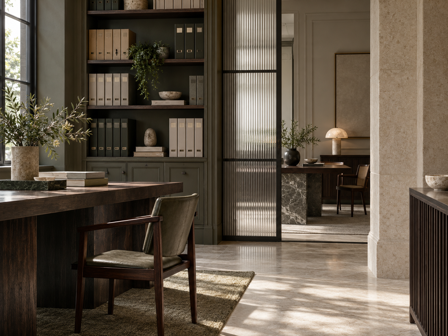 Quiet office archive with organized records and architectural detail