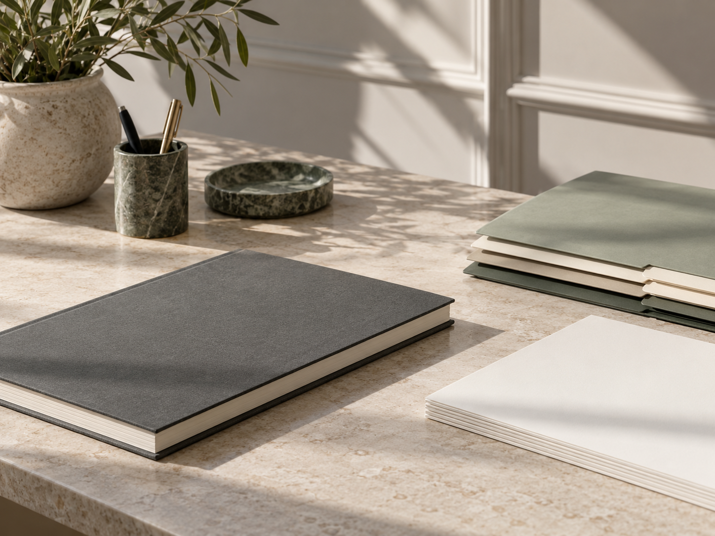 Orderly filing folders and a ledger on a classic workspace desk