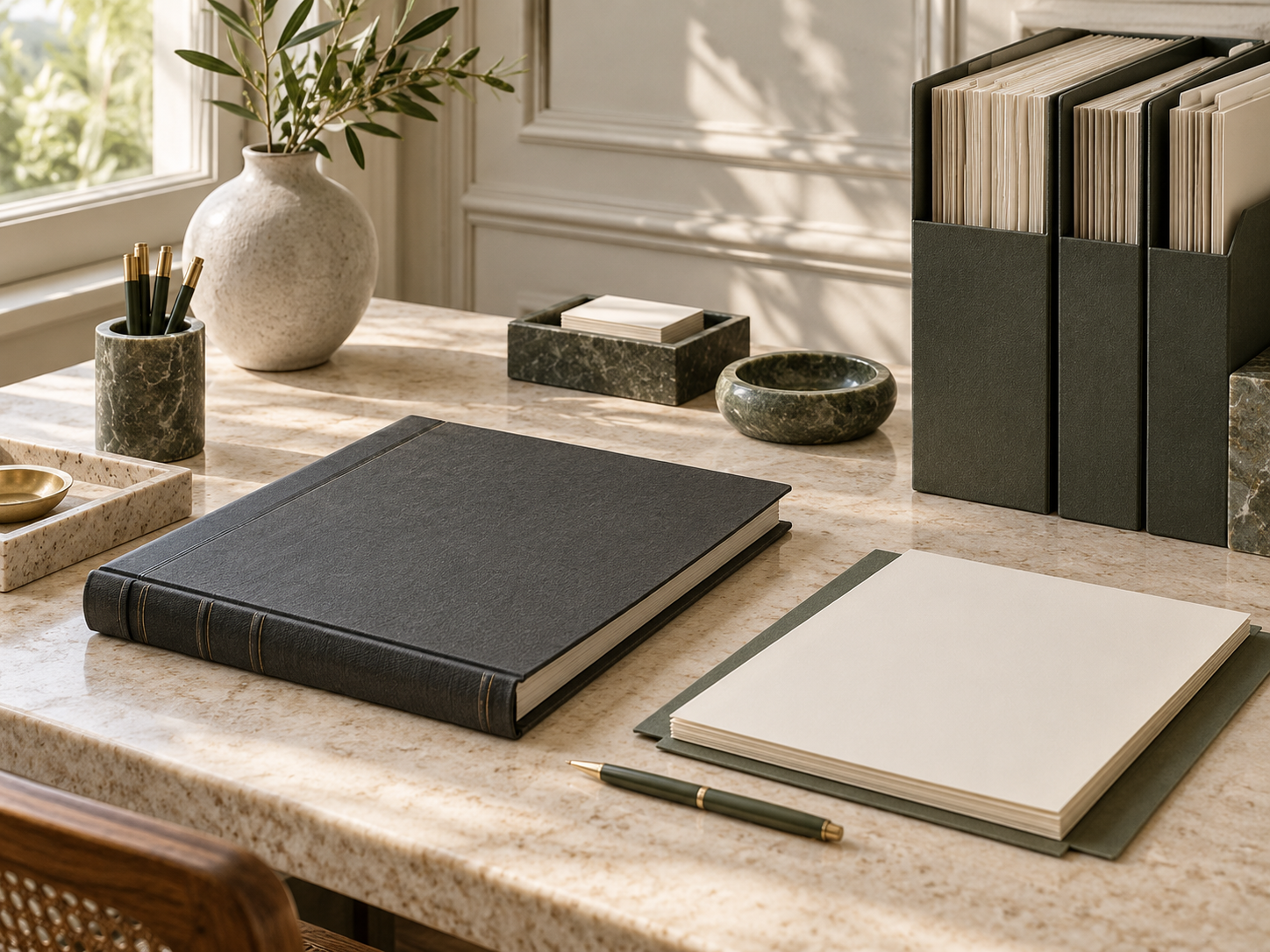 Orderly office desk with record folders and a ledger