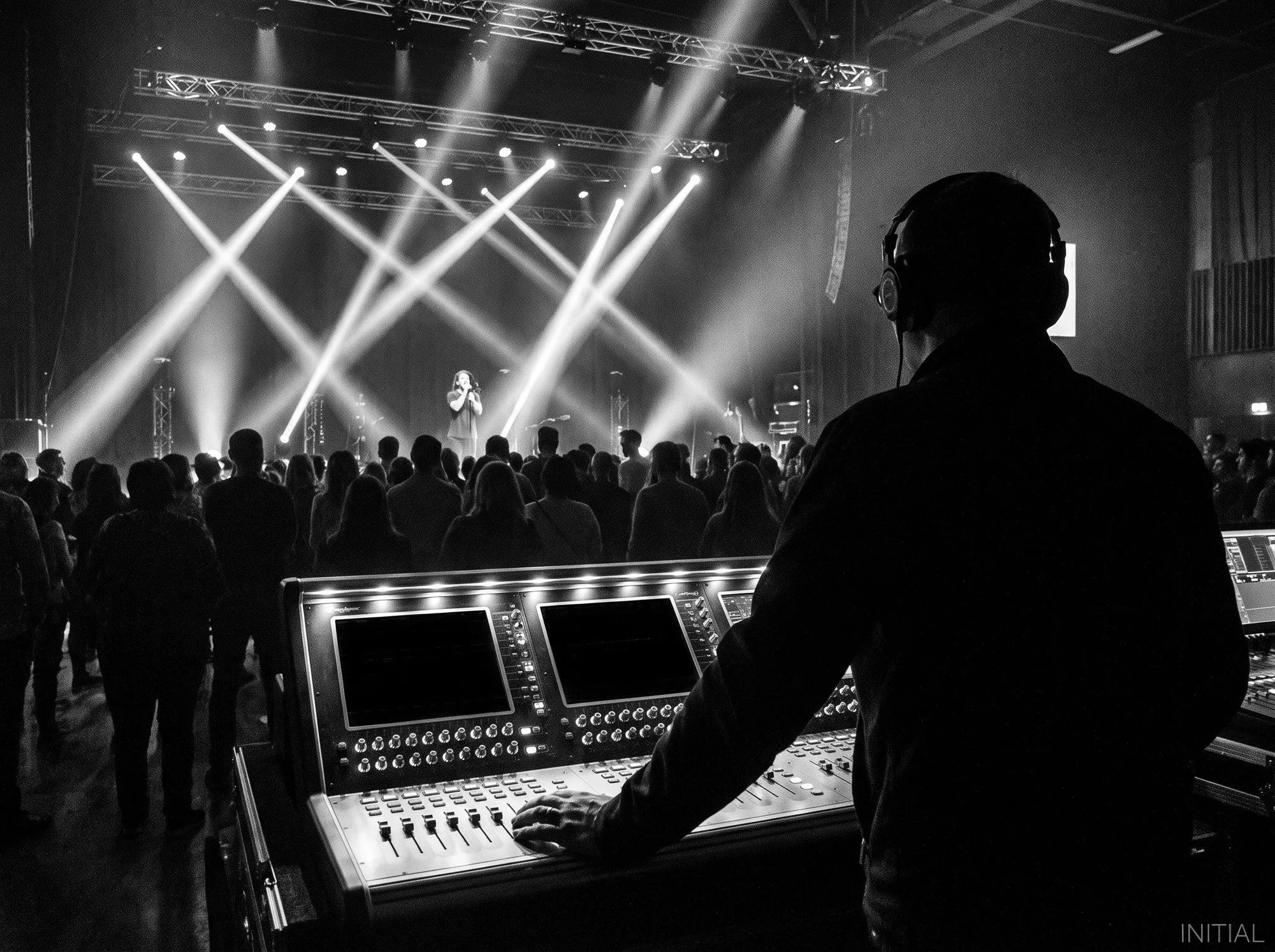 An AV technician operating a stage sound console