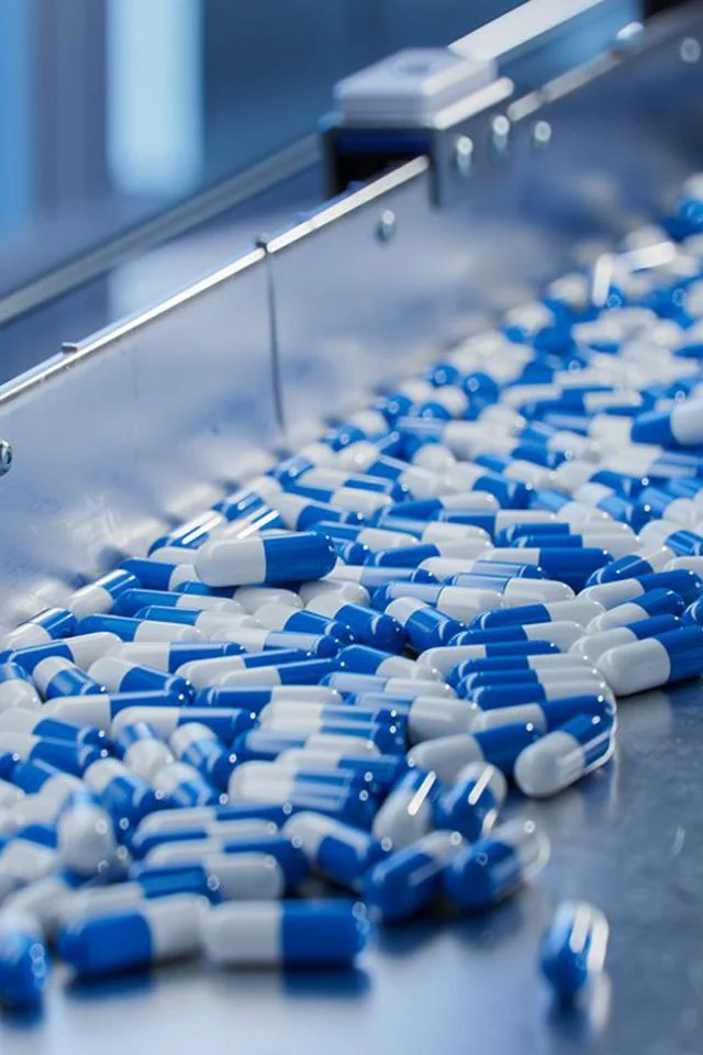 Blue and white capsules on a production line
