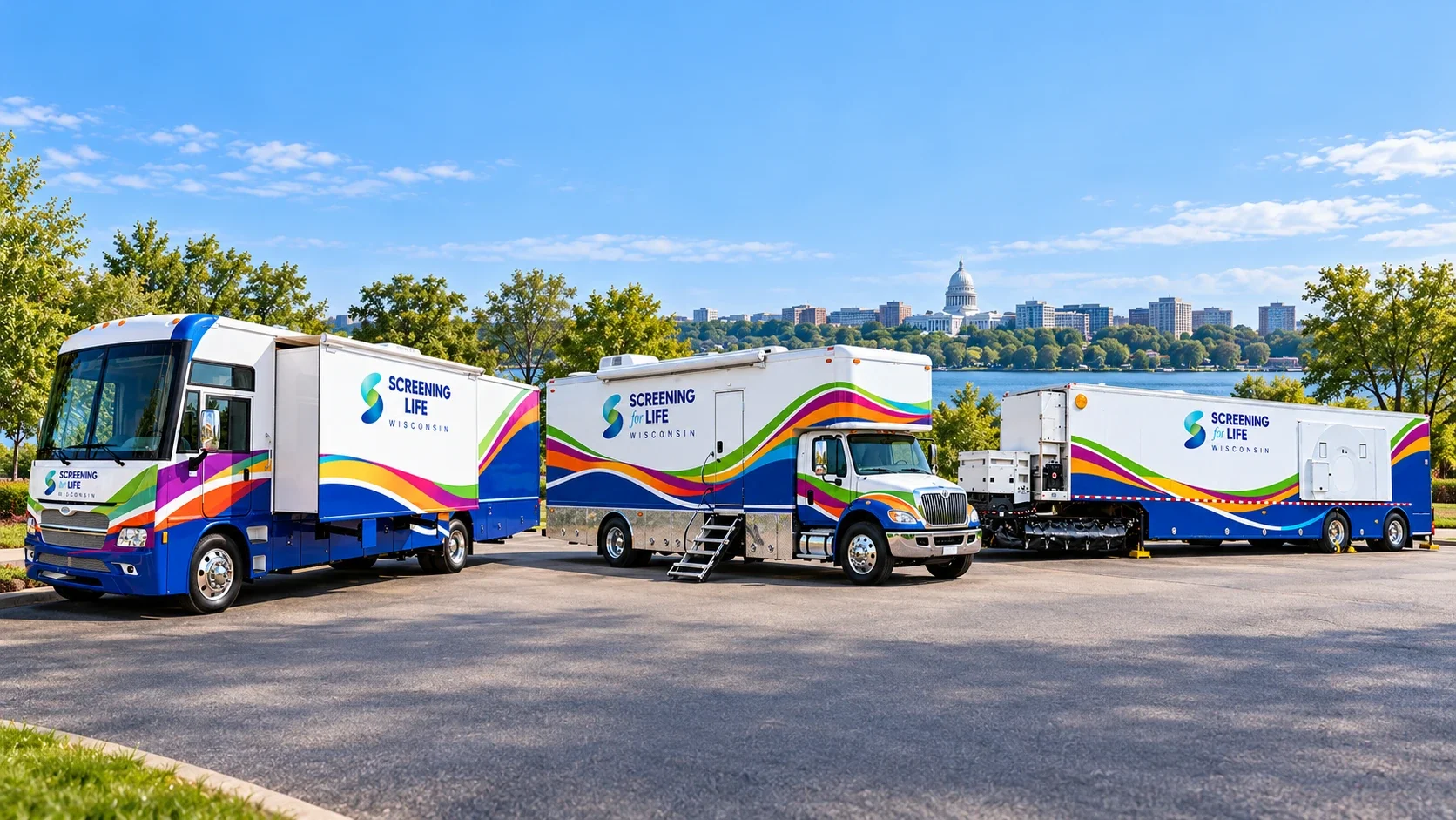 Three Screening for Life vehicles with colorful brand waves, shown together near the Wisconsin State Capitol