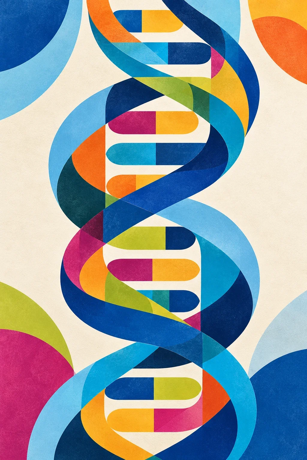 Colorful geometric DNA artwork in the Screening for Life brand colors