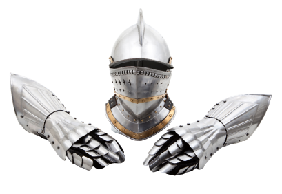 Silver medieval helmet and gauntlets