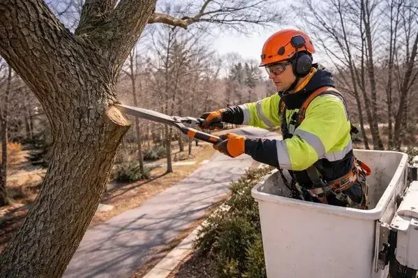 Professional arborist pruning large tree in Rhode Island