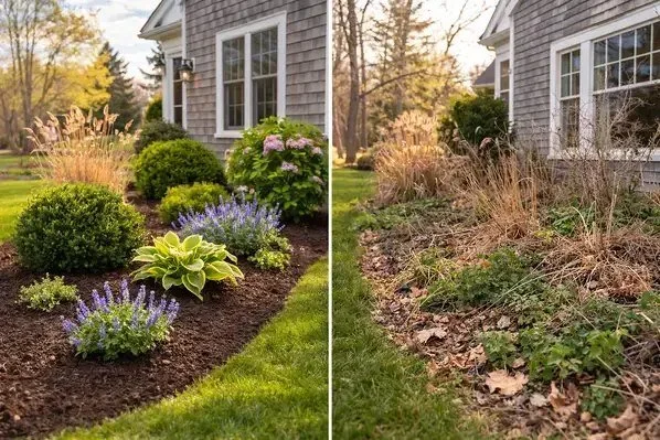 Garden cleanup vs restoration comparison showing maintained and neglected beds