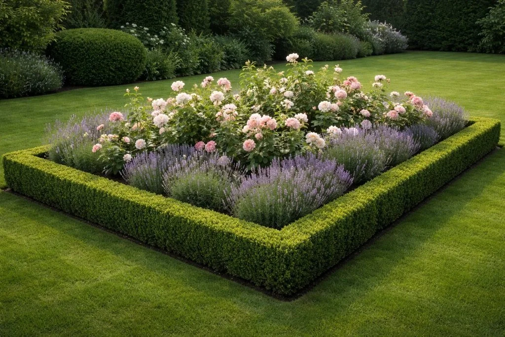 Neatly trimmed boxwood hedge border edging a formal garden bed with flowering plants