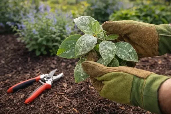 Removing diseased plant debris during spring garden cleanup