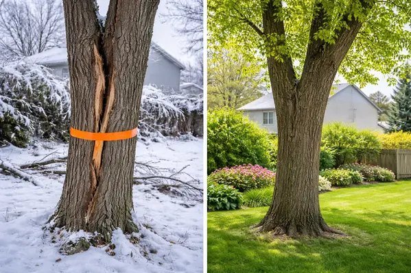 Before and after comparison of storm-damaged tree versus recovered tree