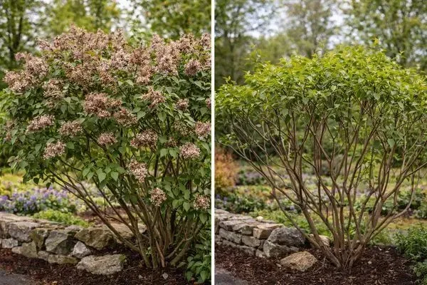 Before and after lilac shrub pruning in late spring