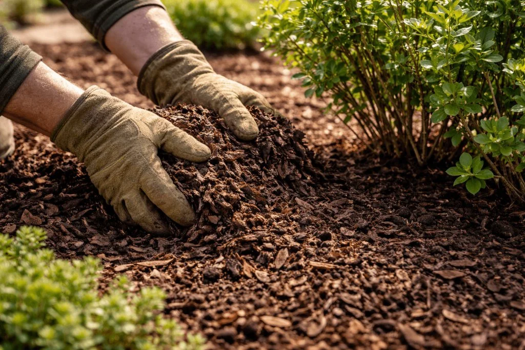 Applying organic mulch to garden beds during spring prep