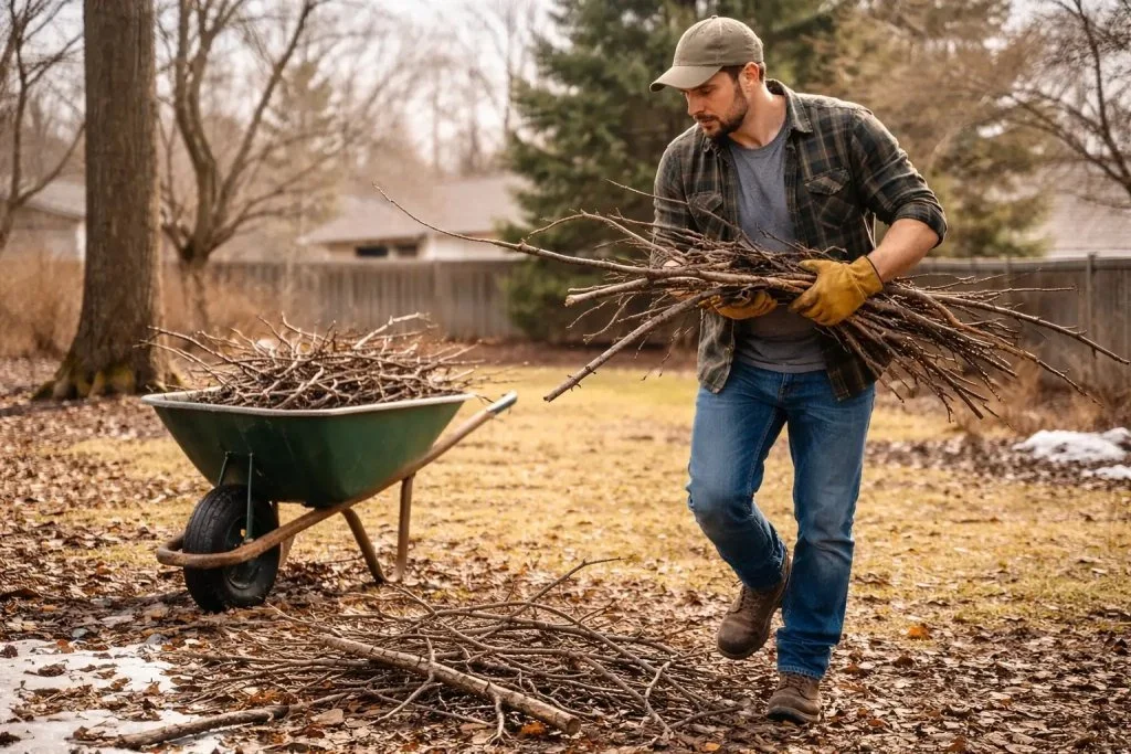 a man removing small branches after winter