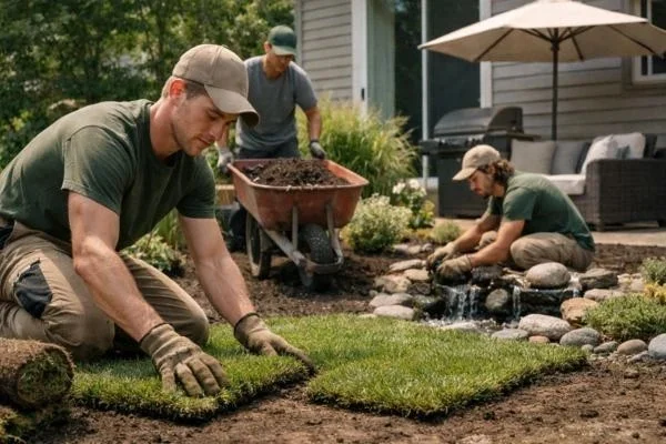 Professional landscapers designing a seasonal garden