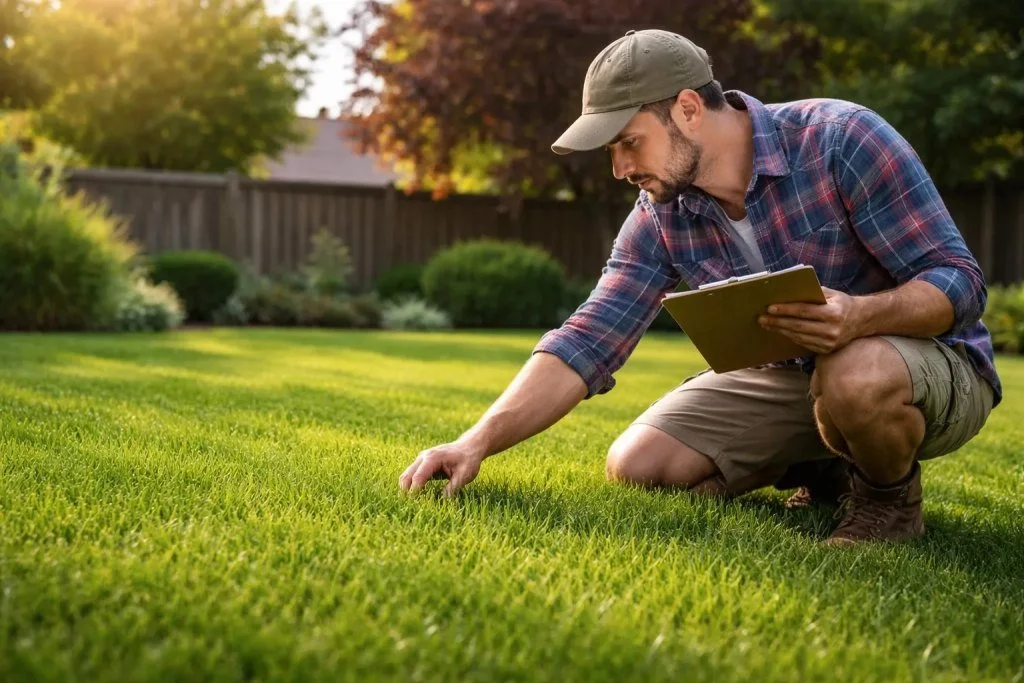 a man assessing the lawn for better maintenance