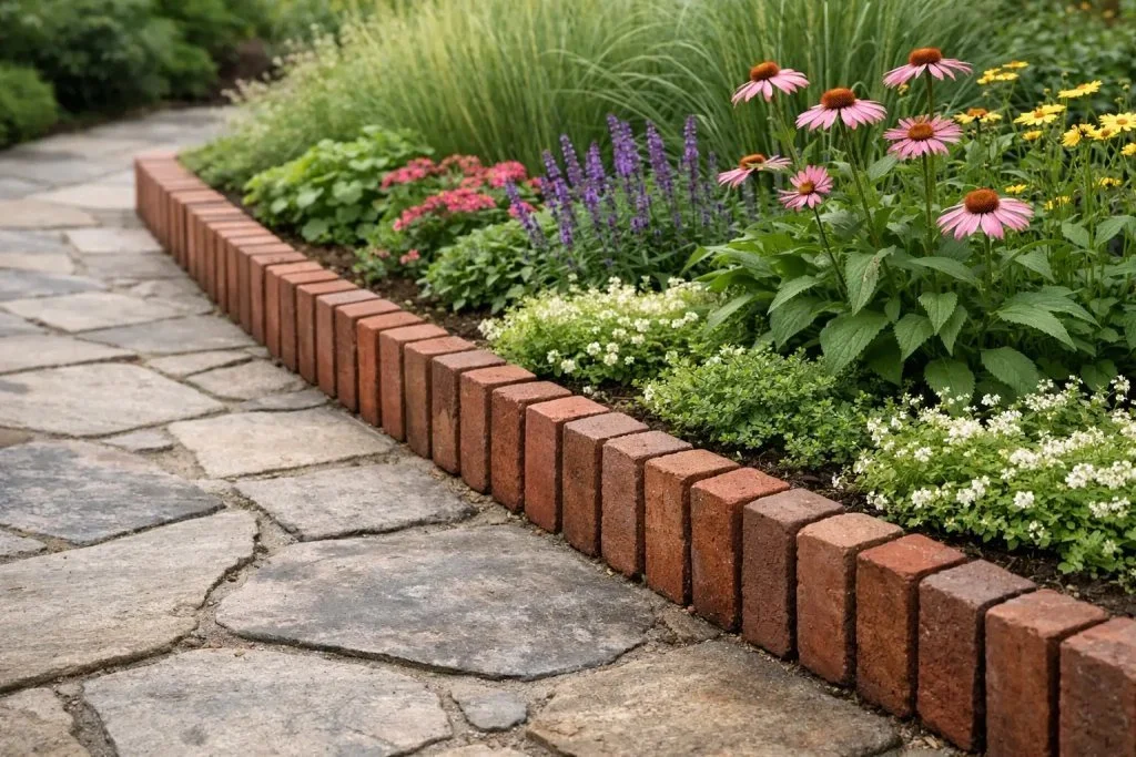 Brick garden edging laid in a straight row along a walkway beside a colorful flower bed