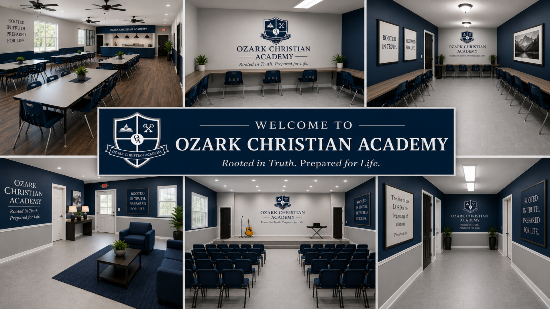 Six concept renderings of Ozark Christian Academy, showing learning spaces, a reception area, a gathering room, and a hallway in navy, gray, and white.