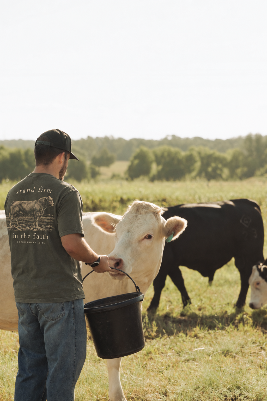 DGF ranch owner feeding cattle, pictured in a visualization of the Stand Firm in the Faith shirt