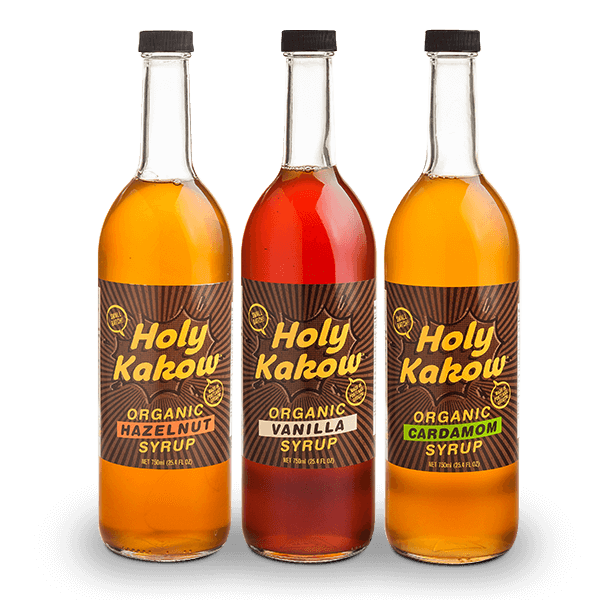 Official Holy Kakow photograph of organic café syrup bottles