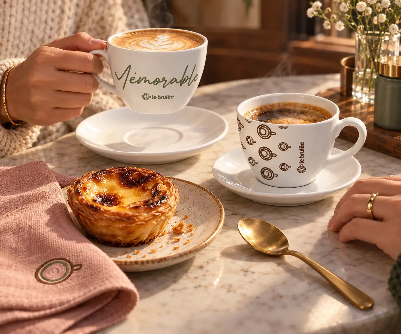 Le Brulée branded porcelain cups and a pastry shared across a café table