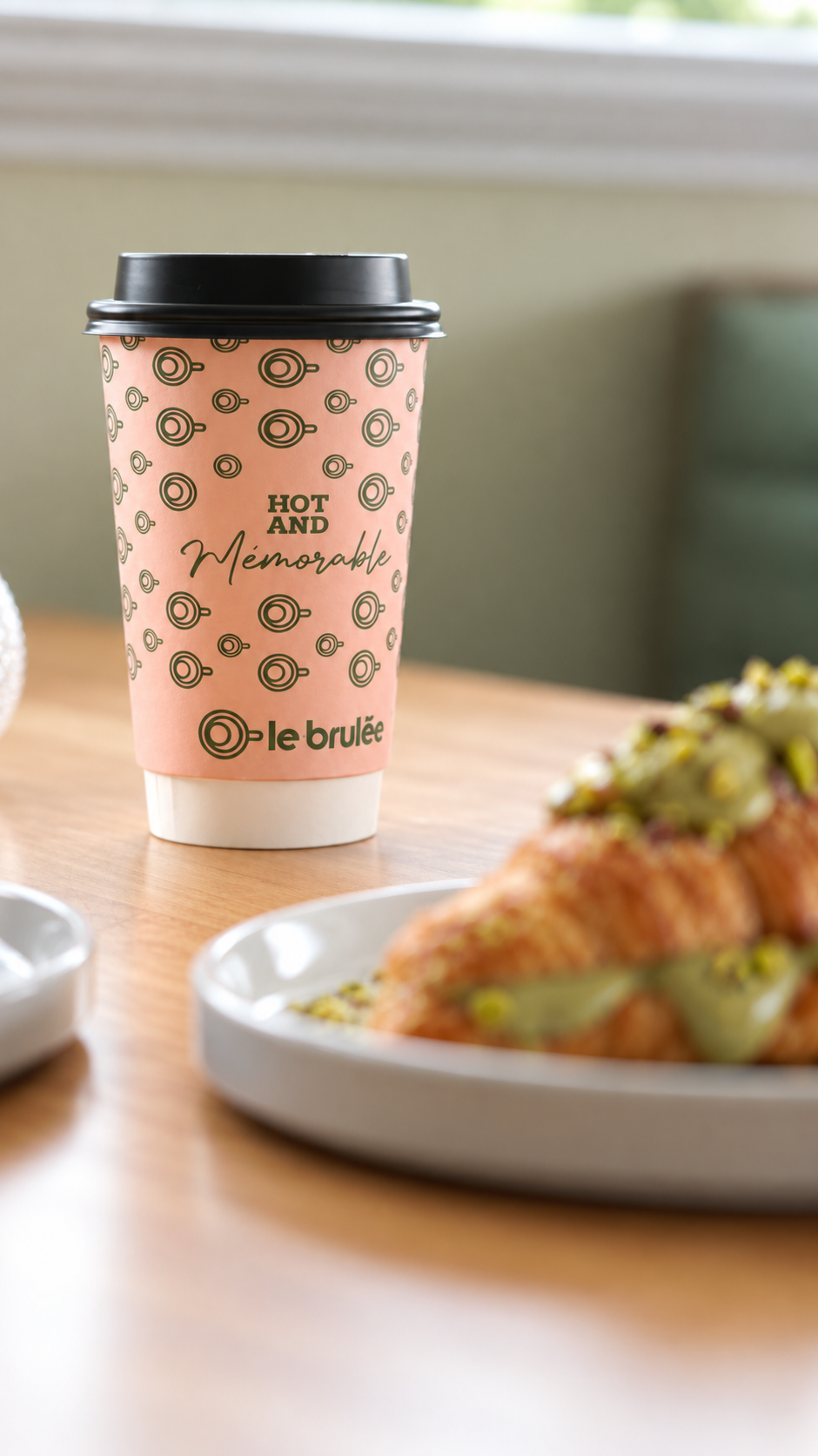 Pink Le Brulée takeaway coffee cup beside a pistachio croissant
