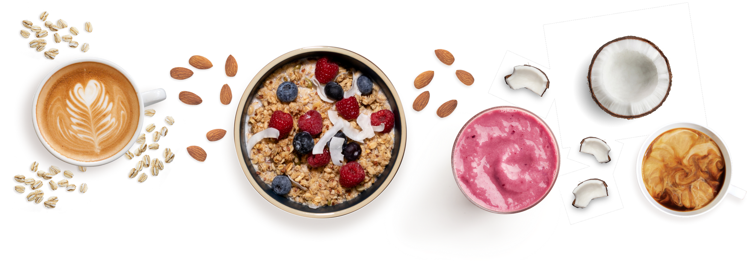 Califia Farms illustration of plant-based drinks with oats, almonds, and coconut