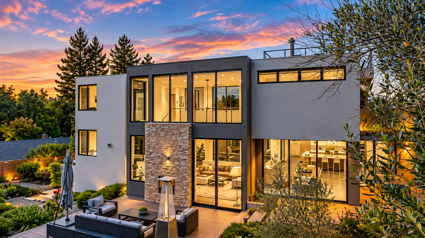 Contemporary home with warm interior lighting and an outdoor living area at sunset