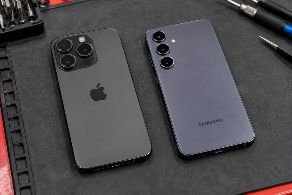 Apple iPhone and Samsung Galaxy devices on an electronics repair mat