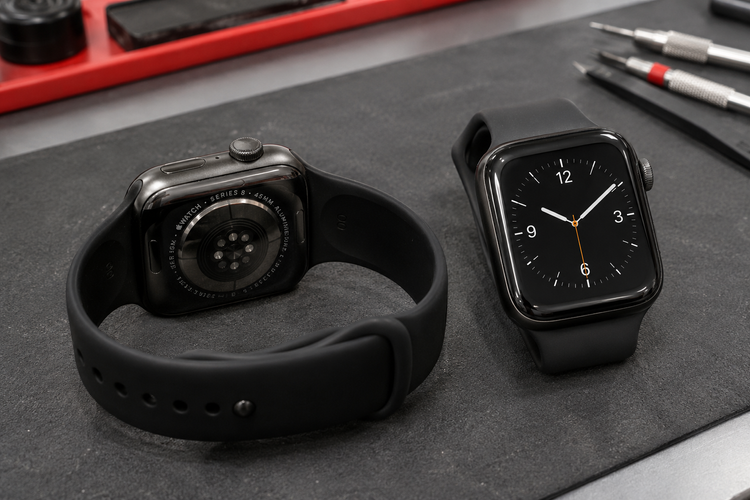 Apple Watch front display and rear sensor casing