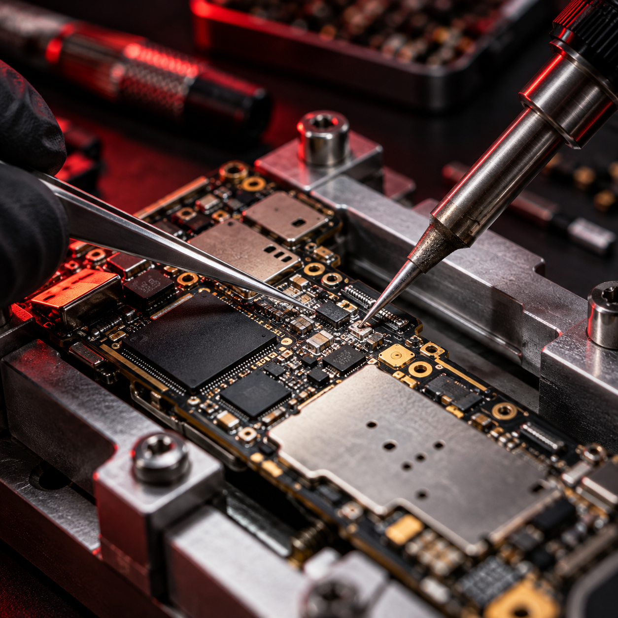 Precision motherboard soldering with silver repair tools and red workbench lighting