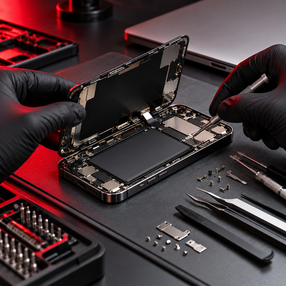 Close-up of a smartphone screen replacement with precision tools
