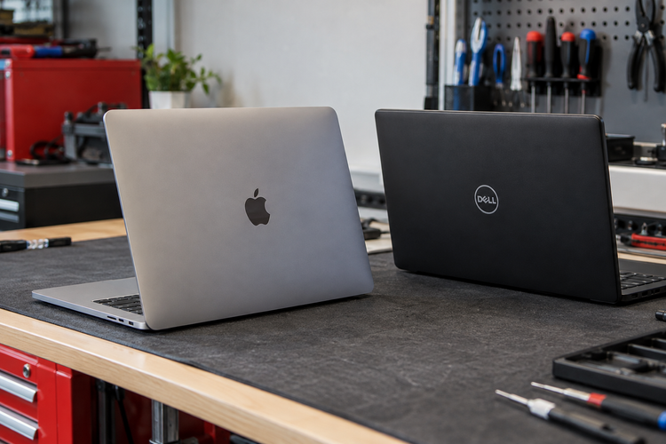 Apple MacBook and Dell laptop with logos on their lids