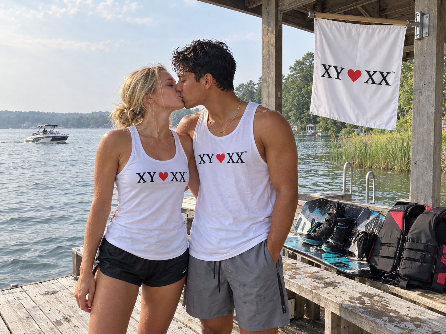 Young adult couple kissing in matching white TSF tank tops at a wakeboarding dock.