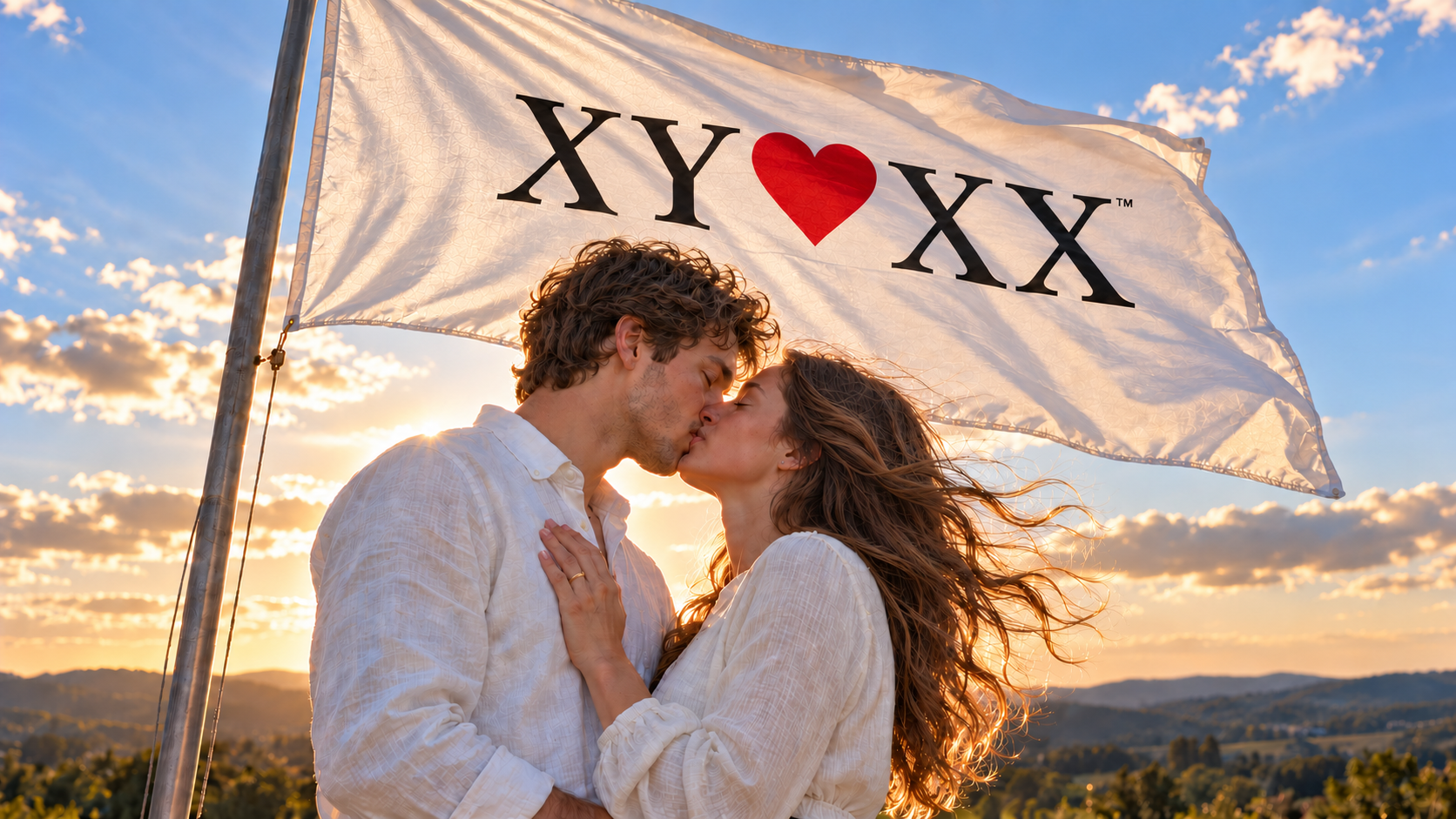 A couple kissing beneath a white XY heart XX flag at sunset.