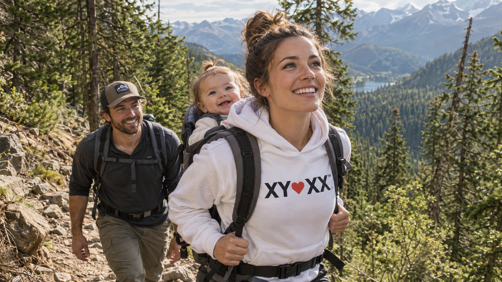 Two adults hiking with a smiling baby in a carrier among mountain pines.
