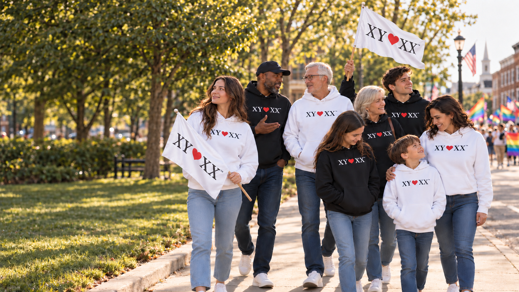 Families and friends outdoors wearing the signature apparel and carrying white XY heart XX flags.