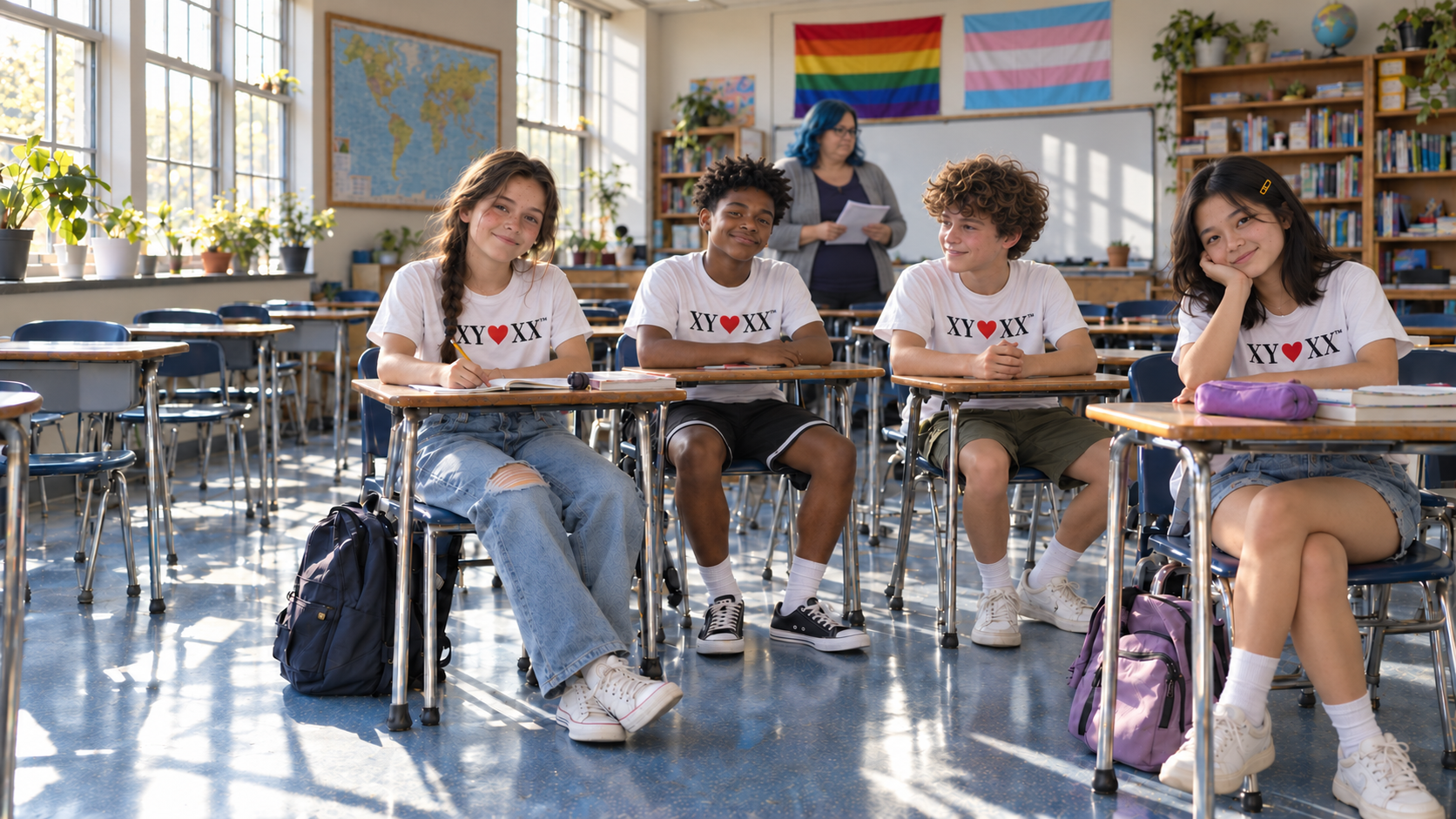 Children together in a classroom wearing the signature white T-shirts.