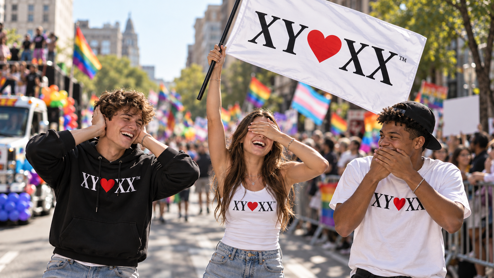 Three friends wearing signature apparel and holding a white XY heart XX flag.
