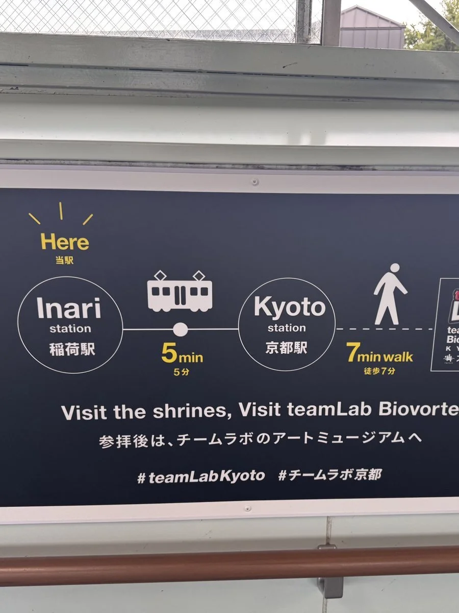 A teamLab Biovortex Kyoto ad on a train, showing the walk from Inari to Kyoto station