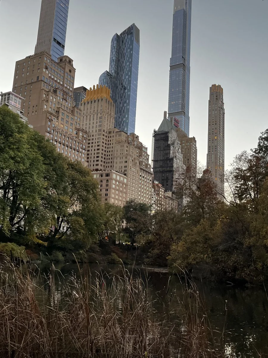 Central Park in autumn, with Manhattan towers rising above the trees