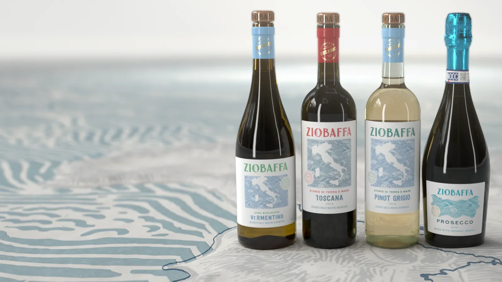 The four ZIOBAFFA wines &mdash; Vermentino, Toscana, Pinot Grigio and Prosecco &mdash; standing on the wave print of the label