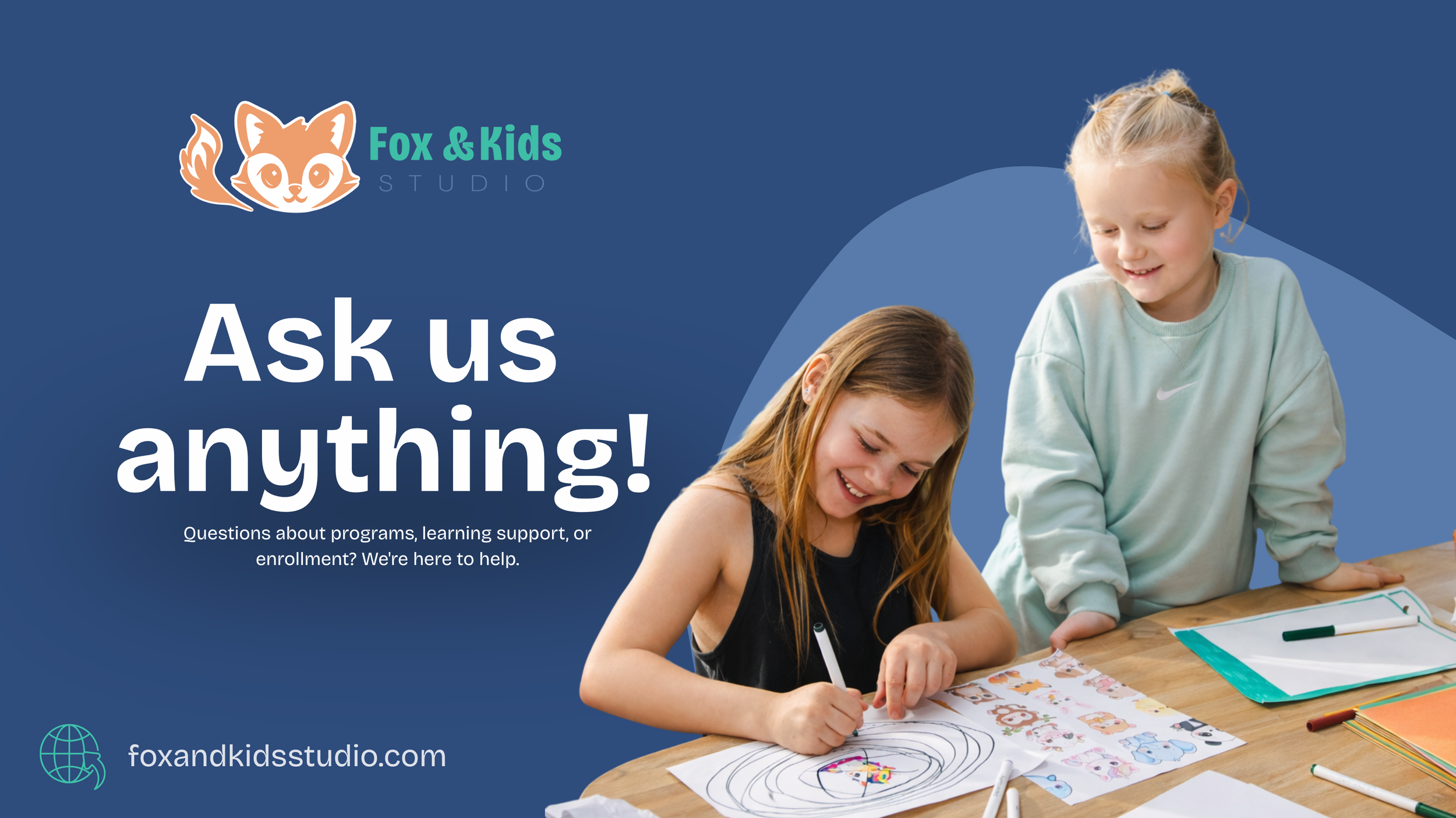 Fox & Kids Studio flyer inviting families to ask about programs and enrollment