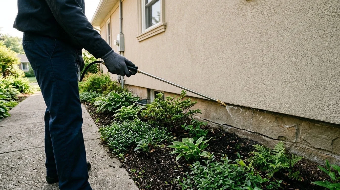 Skyline technician treating the foundation and garden beds outside a home