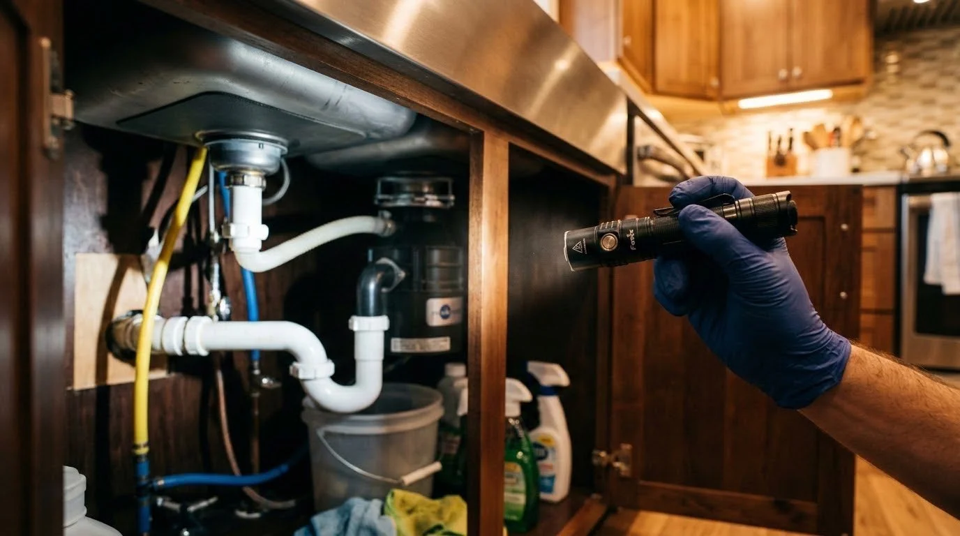 Skyline technician inspecting under a kitchen sink with a flashlight