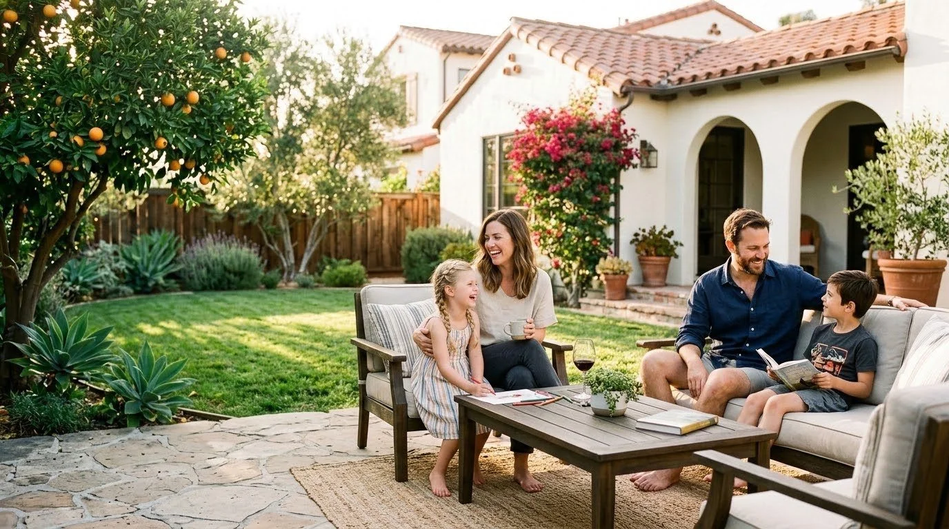 Family relaxing on a pest-free backyard patio in Southern California