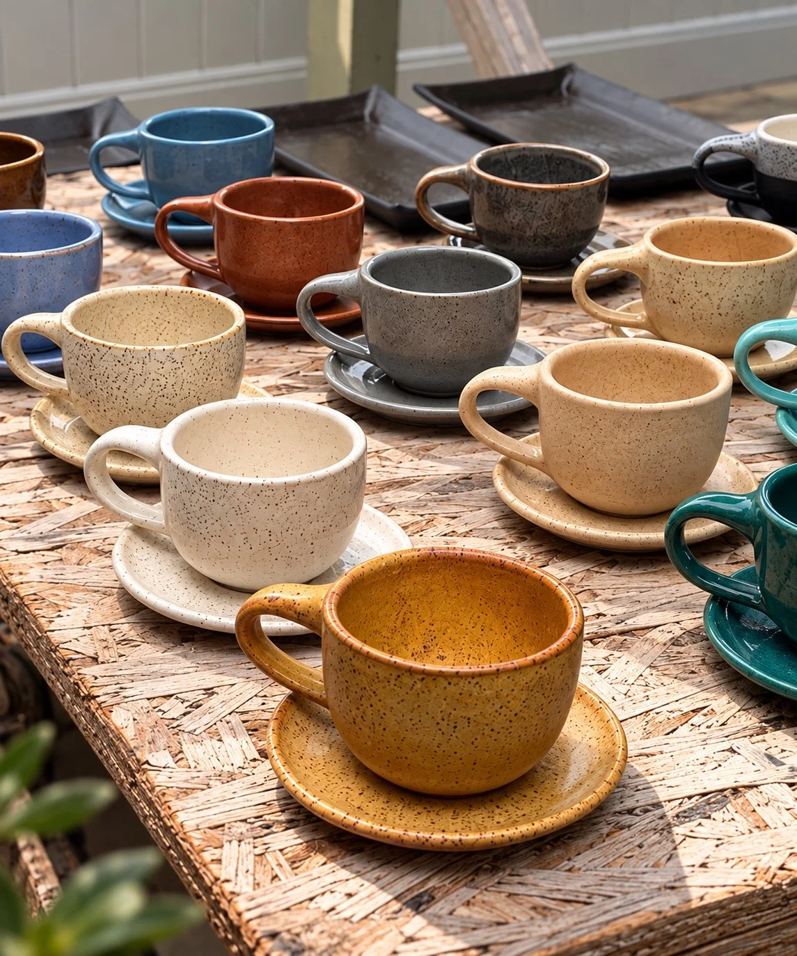 A collection of handmade ceramic cups and saucers