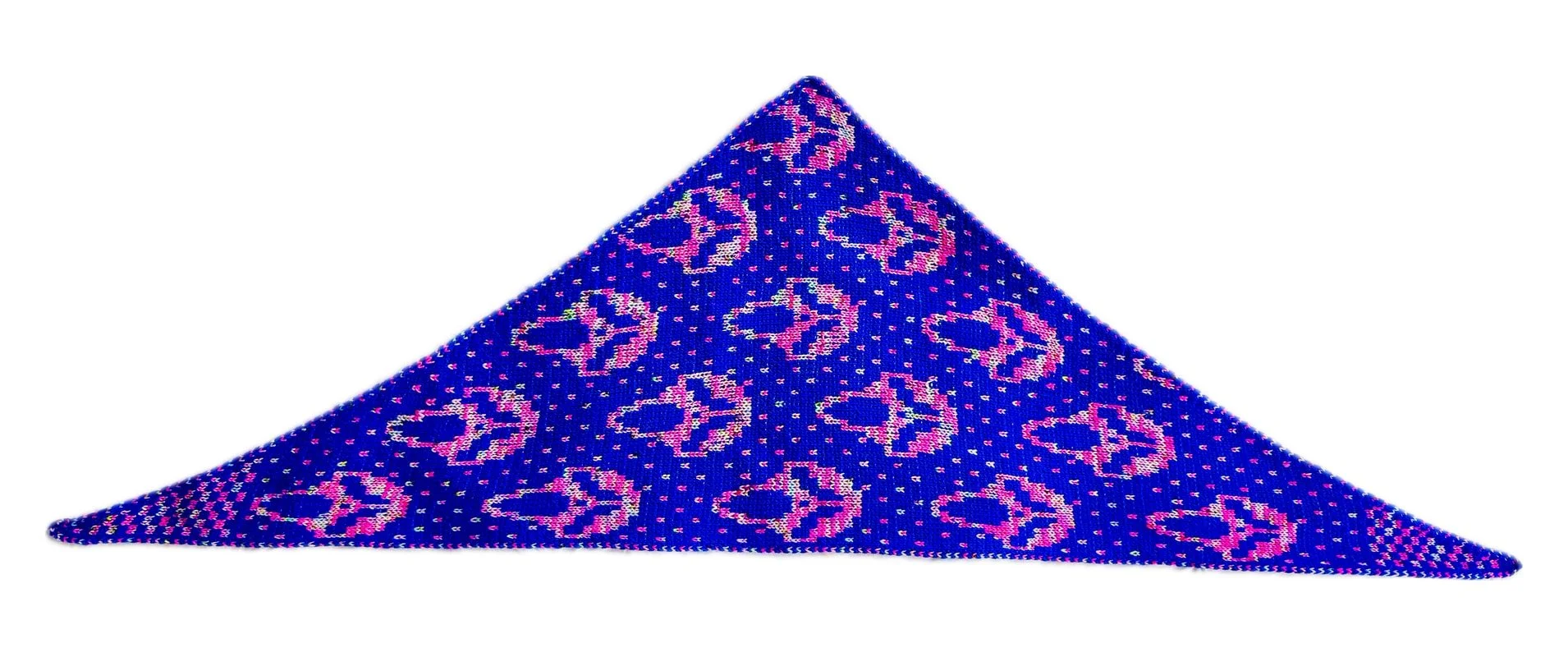The complete blue and pink Slasher scarf laid flat, showing the face motifs and all three corners