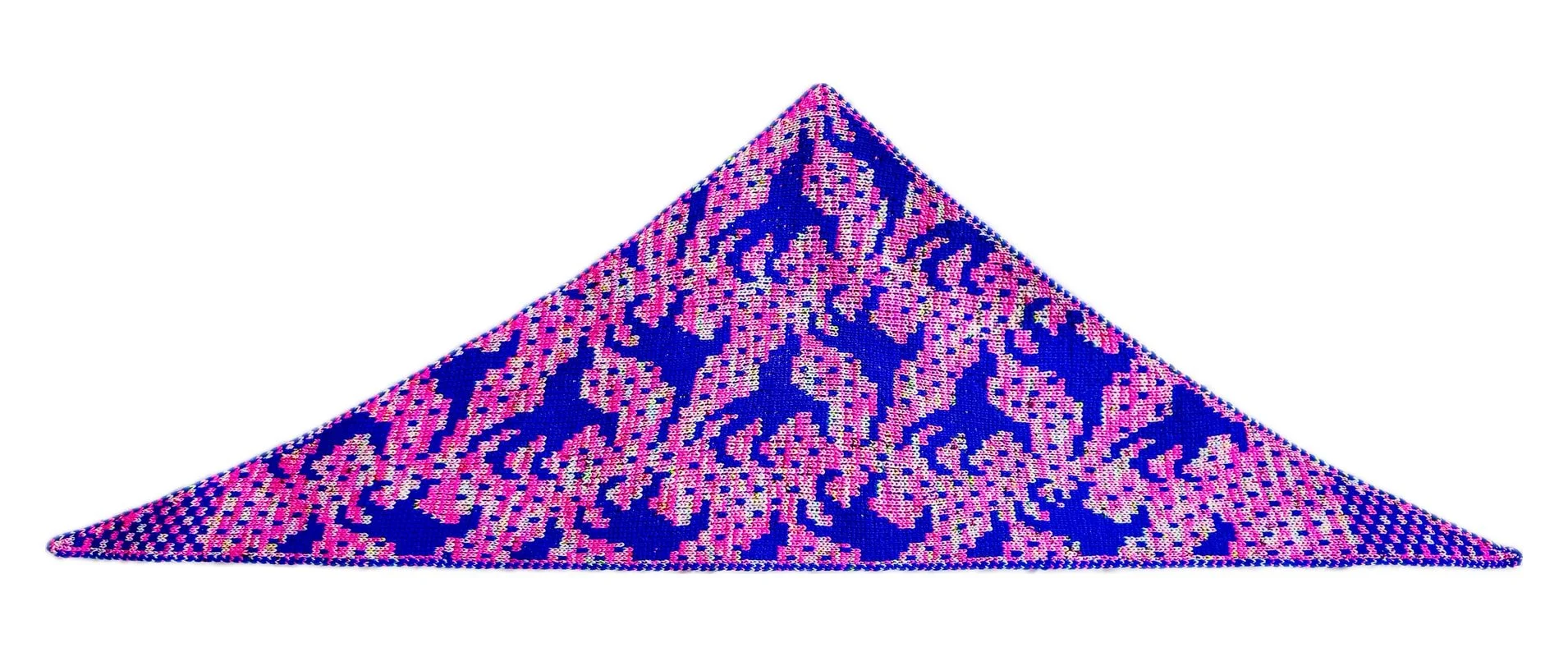 The complete reverse of the blue and pink Slasher scarf laid flat, showing the hand motifs and all three corners