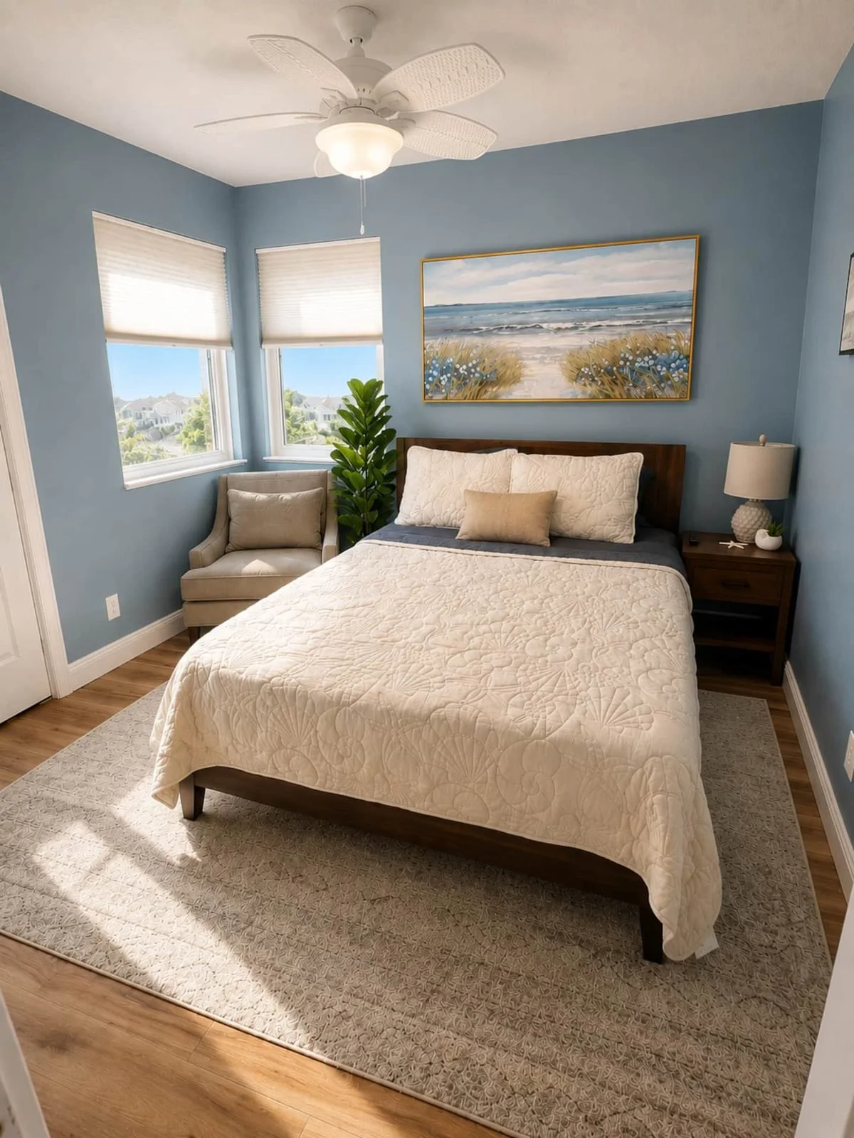 Queen bedroom with coastal artwork and natural light