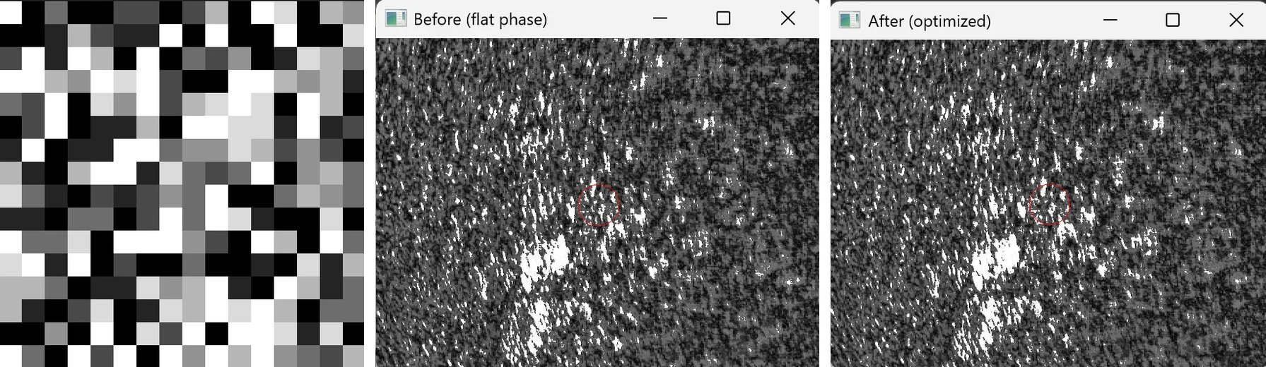 Optimized phase mask next to camera images before and after optimization