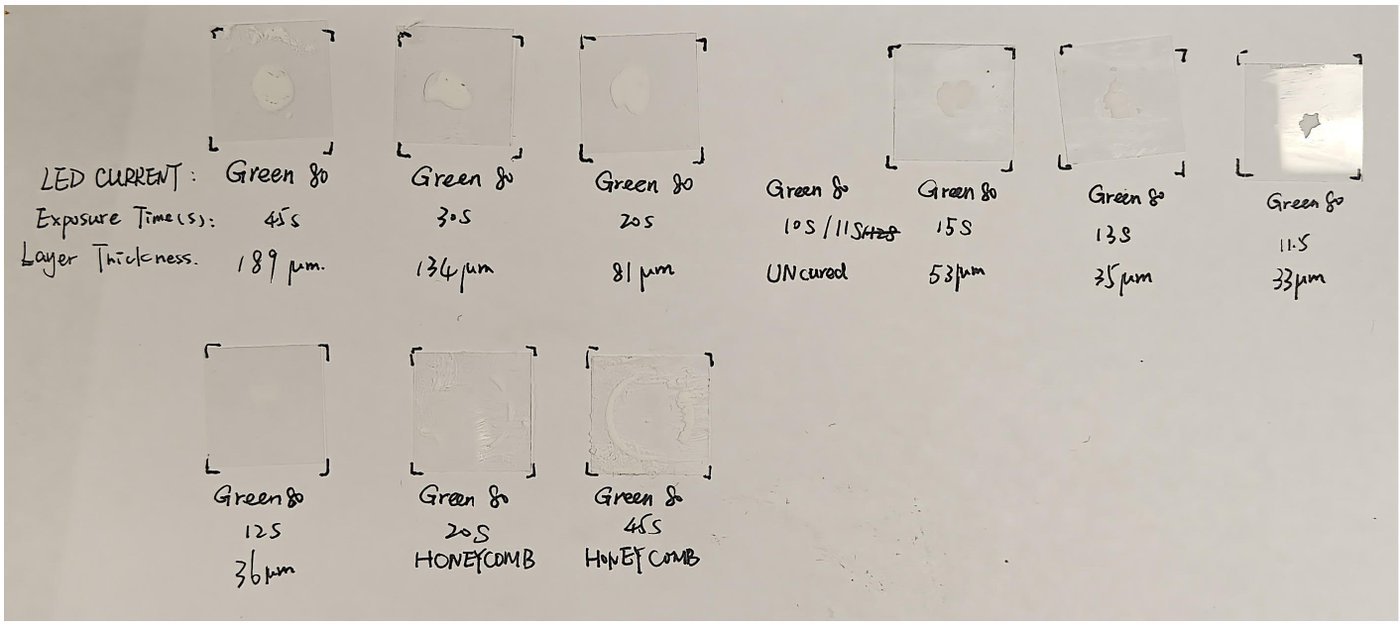 Glass slides with resin cured at different exposure times, labeled with measured thickness